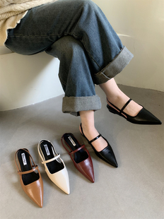 女鞋 2025年春季 軟皮一腳蹬尖頭淺口百搭涼單鞋 平底包頭涼鞋 子 新款
