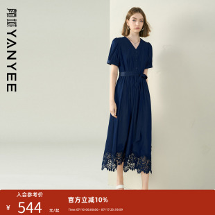 收腰過膝墜感蕾絲花邊短袖 2025新款 長裙 復古連衣裙女夏裝 顏域法式