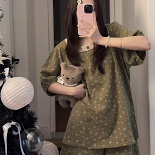 夏季 家居服套裝 短袖 韓國花邊全棉紗布薄款 短褲 嬰兒棉碎花睡衣女款