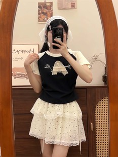 上衣 t恤溫柔甜妹收腰短款 獨(dú)特別致蕾絲花邊短袖 女ins風(fēng)撞色插肩袖