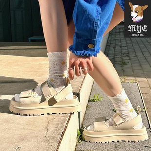 厚底增高涼鞋 UGG 休閑舒適魔術貼簡約時尚 女子夏季 GOLDENGLOW