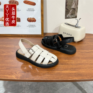 243 大丫丫優選大碼 43頭層牛皮松弛感休閑平底羅馬涼鞋 女鞋