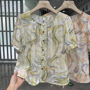 洋氣小衫 2025夏款 中老年婆婆上衣 印花雪紡襯衫 小個子媽媽套頭短袖