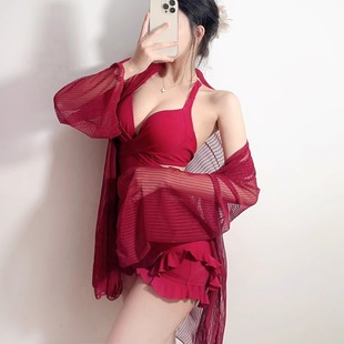 比基尼分體顯白海邊 掛脖罩衫 2025新款 泳衣女性感純欲辣妹紅色長袖