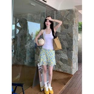 上衣 打底衫 甜辣U領(lǐng)掛脖小吊帶背心女夏修身 外穿收腰內(nèi)搭白色無袖