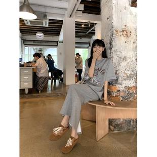 韓系灰色卡通小狗印花半袖 慵懶松弛感寬松顯瘦百搭上衣 T恤女夏季