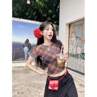 顯瘦短款 美式 甜辣妹修身 T恤女夏季 露臍上衣 復古撞色格子正肩短袖