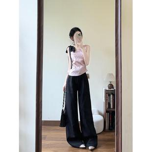 粉色波點綁帶蝴蝶結吊帶背心女夏季 斜肩設計感甜辣妹顯瘦褶皺上衣