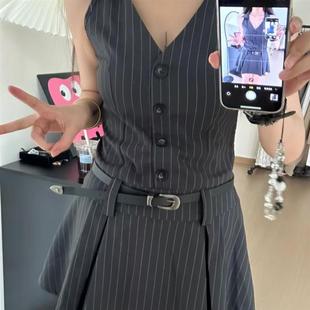 收腰百褶裙氣質顯瘦a字裙子 女秋修身 復古性感掛頸翻領西裝 洋裝