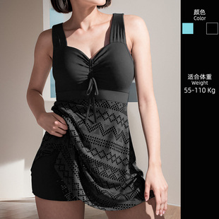溫泉泳裝 歐美ins風(fēng)黑色大碼 胖mm遮肚子分體泳衣女生顯瘦平角裙式