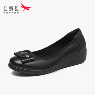 小皮鞋 紅蜻蜓官方正品 款 春季 女中年真皮軟底舒適防滑坡跟 紅媽媽鞋