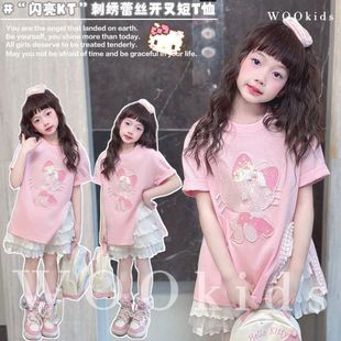 薄款 夏季 上衣潮 T恤百搭韓版 女童甜美卡通凱蒂貓開叉蕾絲花邊短袖
