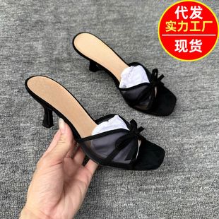 涼拖鞋 胖東來春夏季 時裝 黑色拖鞋 女 休閑鏤空網紗面尖頭女士高跟鞋