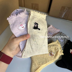 春夏新款 木耳邊可愛卡通刺繡小熊貓咪日系百搭花邊 女中筒襪子薄款