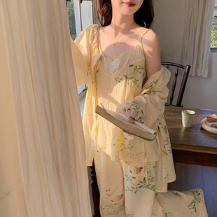 長褲 吊帶長袖 家居服 純棉雙層紗布三件套睡衣女春夏新款 甜美法式