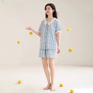 睡衣女甜美花邊少女家居服韓系慵懶兩件套 純棉短袖 新款 夏季