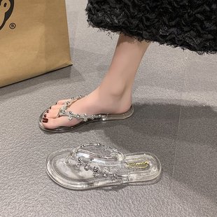 度假沙灘拖鞋 女夏季 輕便外穿透明平底人字拖 銀色花朵夾腳拖鞋 時尚