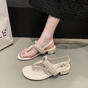 輕便平底人字拖度假風沙灘涼鞋 新款 女夏季 精致輕奢珍珠夾腳拖鞋
