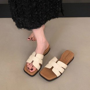 搭裙子pu露趾拖鞋 高顏值氣質坡跟一字拖女夏季 防滑百搭涼拖鞋