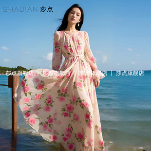 薄紗連衣裙女夏2025新款 雪紡長裙海邊度假裙子碎花裙大擺裙 長袖