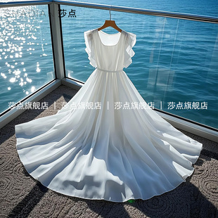 圓領(lǐng)薄紗雪紡白色連衣裙女夏收腰度假風(fēng)長裙長款 大擺裙 沙灘裙無袖