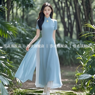 藍(lán)色新中式 國(guó)風(fēng)高考送考旗袍薄紗連衣裙女夏氣質(zhì)收腰雪紡大擺長(zhǎng)裙