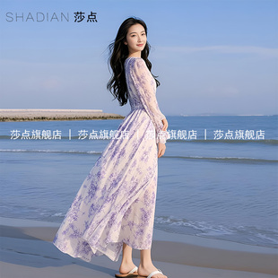 雪紡碎花V領薄紗連衣裙女夏長款 度假風收腰長裙海邊大擺裙沙灘裙