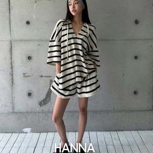 HANNA條紋寬松V領連帽短袖 2025夏款 T恤 短褲 韓國代購 針織套裝 女裝