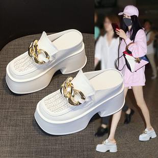 內增高涼拖厚底松糕鞋 新款 女增高11cm夏季 真皮網紗透氣包頭半拖鞋