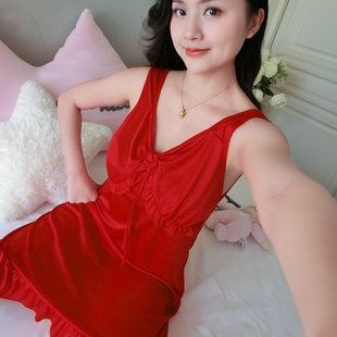 女士睡裙夏款 裙 冰絲薄性感短裙家居服2022夏天紅色細(xì)吊帶睡衣女款