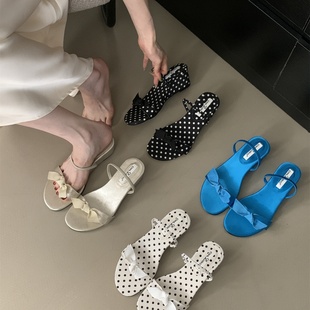 涼拖鞋 仙女風(fēng)溫柔外穿一字拖沙灘鞋 女 蝴蝶結(jié)露趾坡跟拖鞋 2025新款