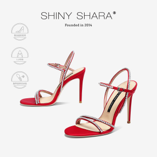 Shara 涼鞋 詩莎春夏季 紅色絲綢水鉆氣質細跟高跟時裝 女 新款 Shiny