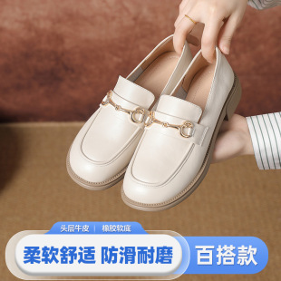 子深口真皮單鞋 2025新款 女鞋 春秋新款 方跟百搭 復古英倫風樂福鞋