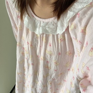 貓貓紗淡粉上 花邊蝴蝶少女 睡裙蕾絲雙層可愛裙全棉新家居短袖