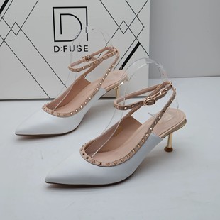 真皮鉚釘包頭高跟拼色一字帶女涼鞋 春夏季 迪芙斯撤柜斷碼 FUSE