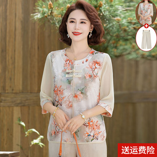 國風新中式 媽媽夏裝 雪紡小衫 短袖 上衣服 中老年人女裝 t恤薄款 套裝