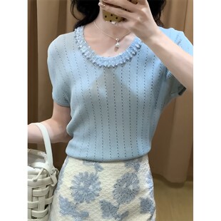 冰絲針織短袖 上衣女夏季 小眾設計 獨特漂亮珍珠花邊藍色泡泡袖 法式