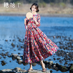 文藝浪漫印花長裙七分袖 碎花大擺連衣裙女春季 薄裙子 丹彩灼春