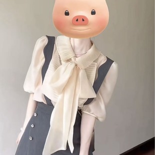 高腰不規(guī)則背帶褲 2025新款 裙兩件套 女夏季 氣質(zhì)御姐蝴蝶結(jié)雪紡襯衫