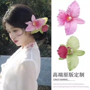 粉色百合花朵發夾女高級感邊夾側邊劉海夾子發卡海邊度假拍照頭飾