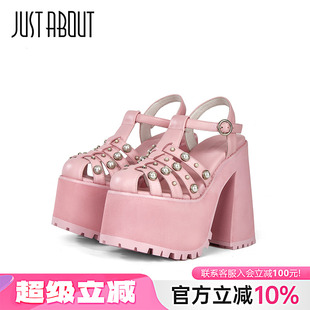 粗跟高跟涼鞋 just 百搭厚底羅馬涼鞋 粉色時尚 女 about2024春夏新款