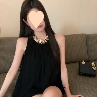 重工鉆鏈寬松顯瘦小衫 黑色掛脖無袖 新款 女2024夏季 辣妹 雪紡衫