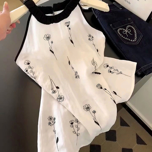 小眾漂亮氣質露肩吊帶上衣 女夏季 新中式 清冷撞色碎花刺繡掛脖小衫