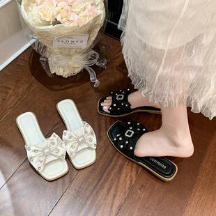 百搭平底海邊沙灘鞋 法式 高級感蝴蝶結涼拖時尚 女外穿2025新款 拖鞋