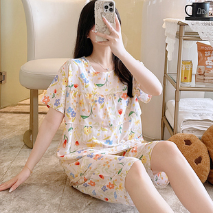 短袖 薄款 中褲 綿綢套裝 學生家居服夏 新款 大碼 防凸點棉綢睡衣女夏季
