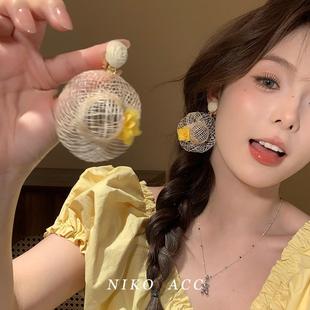 度假風小花編織草帽耳環女波西米亞風耳飾小眾設計感夸張個性 耳釘