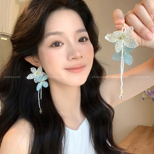手作刺繡撞色水晶花朵耳釘女夸張大氣海邊耳環旅游度假風耳夾耳飾