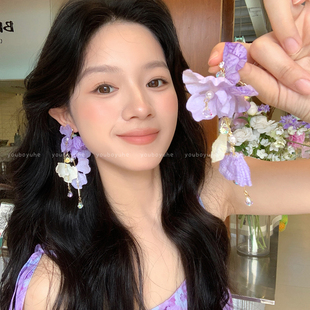 夏日超仙藍色流蘇花朵耳環女2025新款 絕美海邊度假風夸張耳釘耳飾