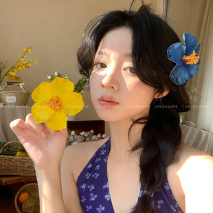 甜美海邊度假風仿真扶桑花發夾女波西米亞雞蛋花朵發飾側邊夾頭飾