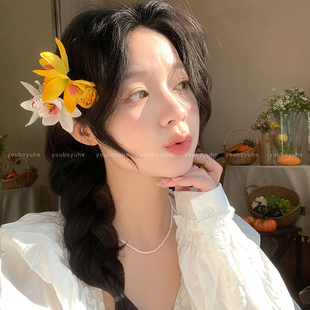 花海 紫色立體惠蘭花鴨嘴夾子發飾女海邊度假氛圍感側邊劉海發卡